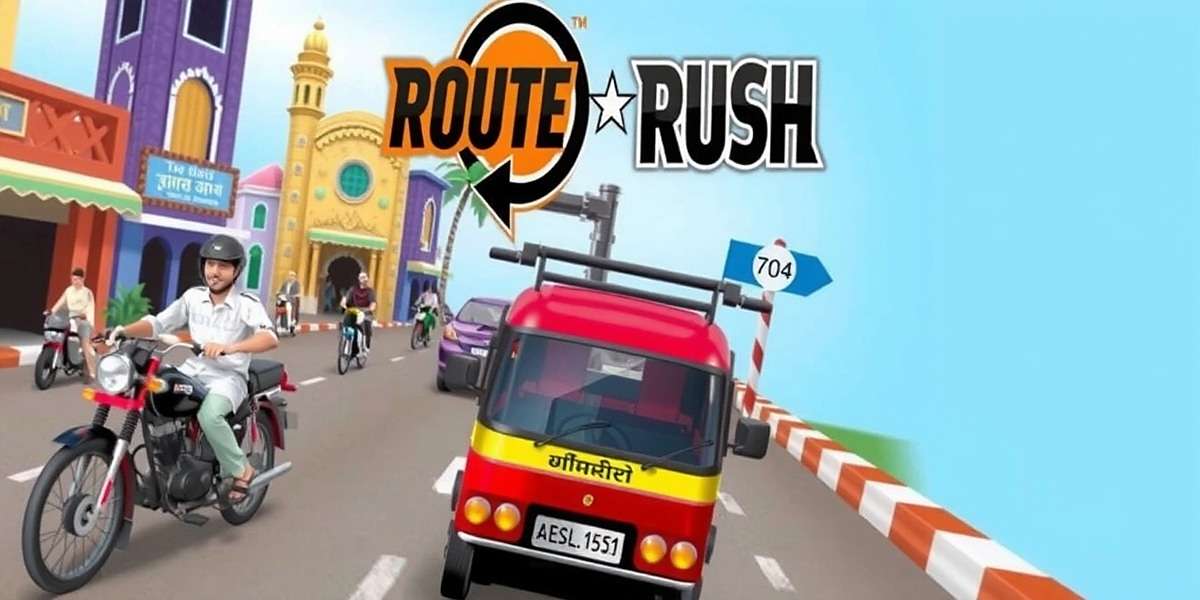 Ricksaw Route Rush game cover showing auto rickshaw navigating through busy Indian street with colorful buildings and pedestrians