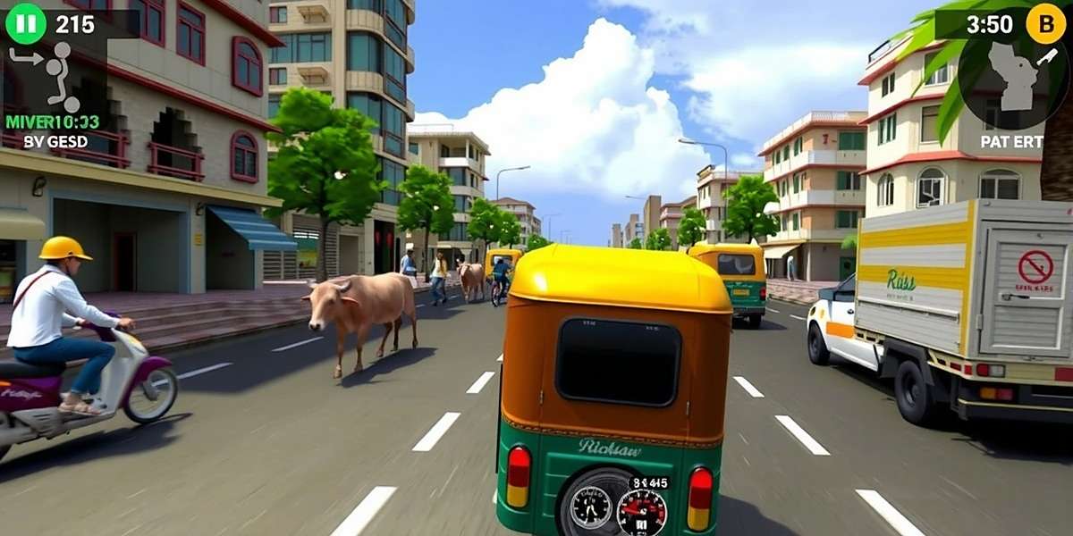 Ricksaw Route Rush gameplay showing auto rickshaw navigating through crowded Mumbai street with pedestrians, cows, and other vehicles
